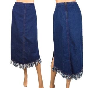 Vintage 90’s Blue Jean Denim Skirt Fringe size 10 Sexy Side Slits Midi Woman’s
